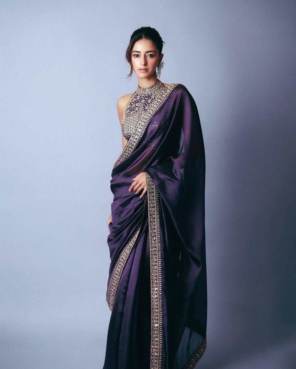 Women's Luxurious Plum Satin Saree with Intricate Zari & Sequin Embroidered Blouse Handcrafted Art for Home Decor – Sigma HandiCraft