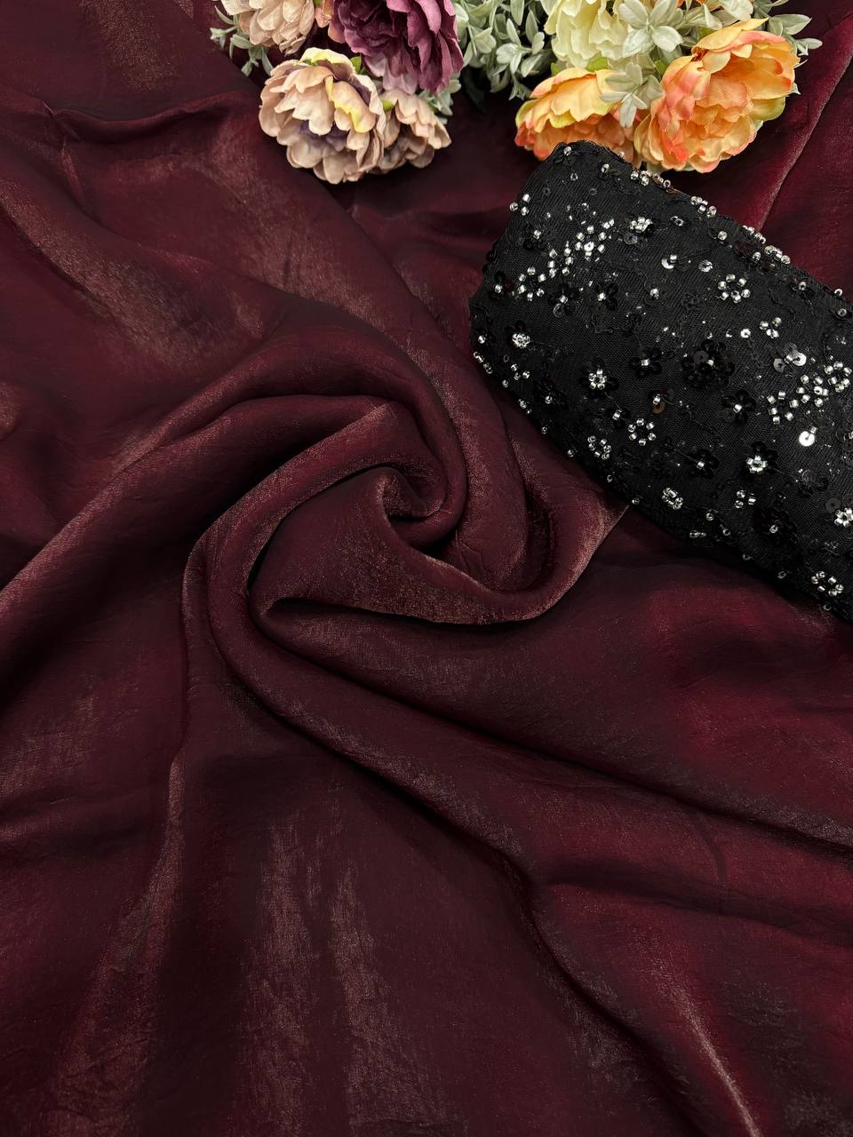 Women's Rich Wine Tissue Silk Saree with All-Over Sequin Embroidered Blouse Piece Handcrafted Decor Item for Home Decor – Sigma HandiCraft