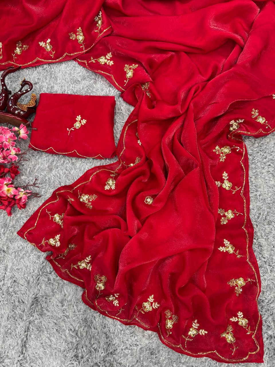 Women's Radiant Red Pure Organza Saree with Intricate Gold Zari, Sequin & Pearl Work - Ideal for Festive & Wedding Occasions Handcrafted Craft for Home Decor – Sigma HandiCraft