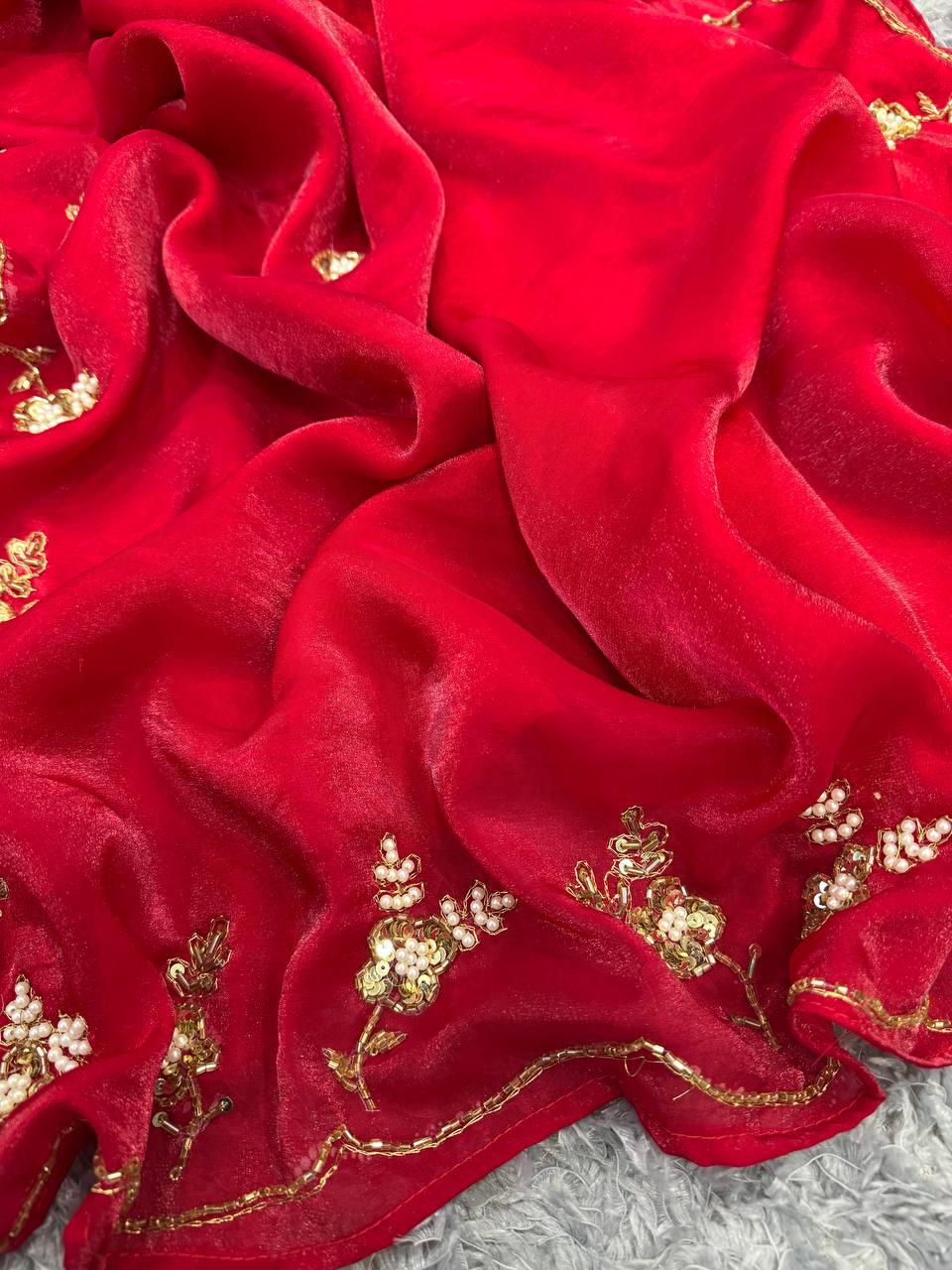 Women's Radiant Red Pure Organza Saree with Intricate Gold Zari, Sequin & Pearl Work - Ideal for Festive & Wedding Occasions Handcrafted Craft for Home Decor – Sigma HandiCraft