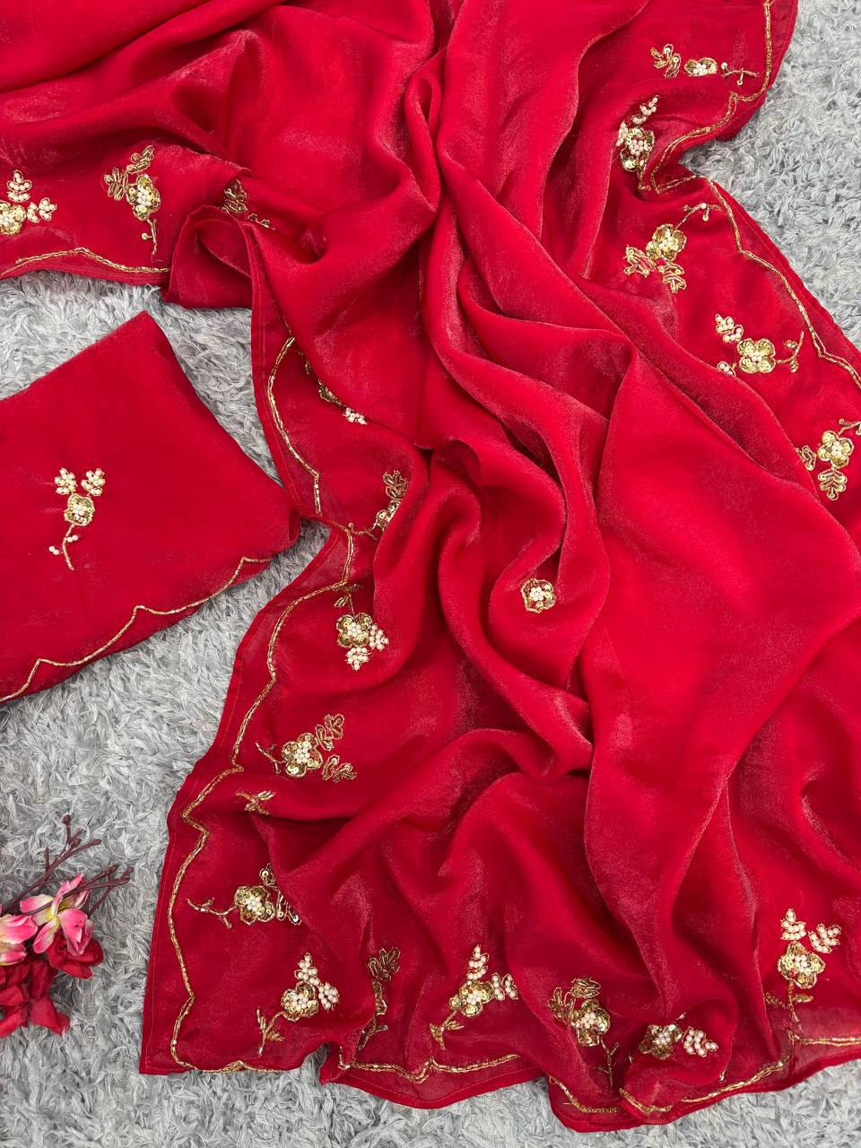 Women's Radiant Red Pure Organza Saree with Intricate Gold Zari, Sequin & Pearl Work - Ideal for Festive & Wedding Occasions Handcrafted Craft for Home Decor – Sigma HandiCraft