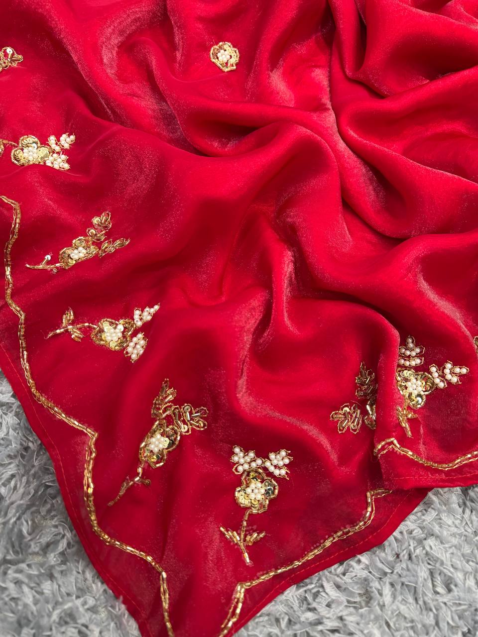 Women's Radiant Red Pure Organza Saree with Intricate Gold Zari, Sequin & Pearl Work - Ideal for Festive & Wedding Occasions Handcrafted Craft for Home Decor – Sigma HandiCraft