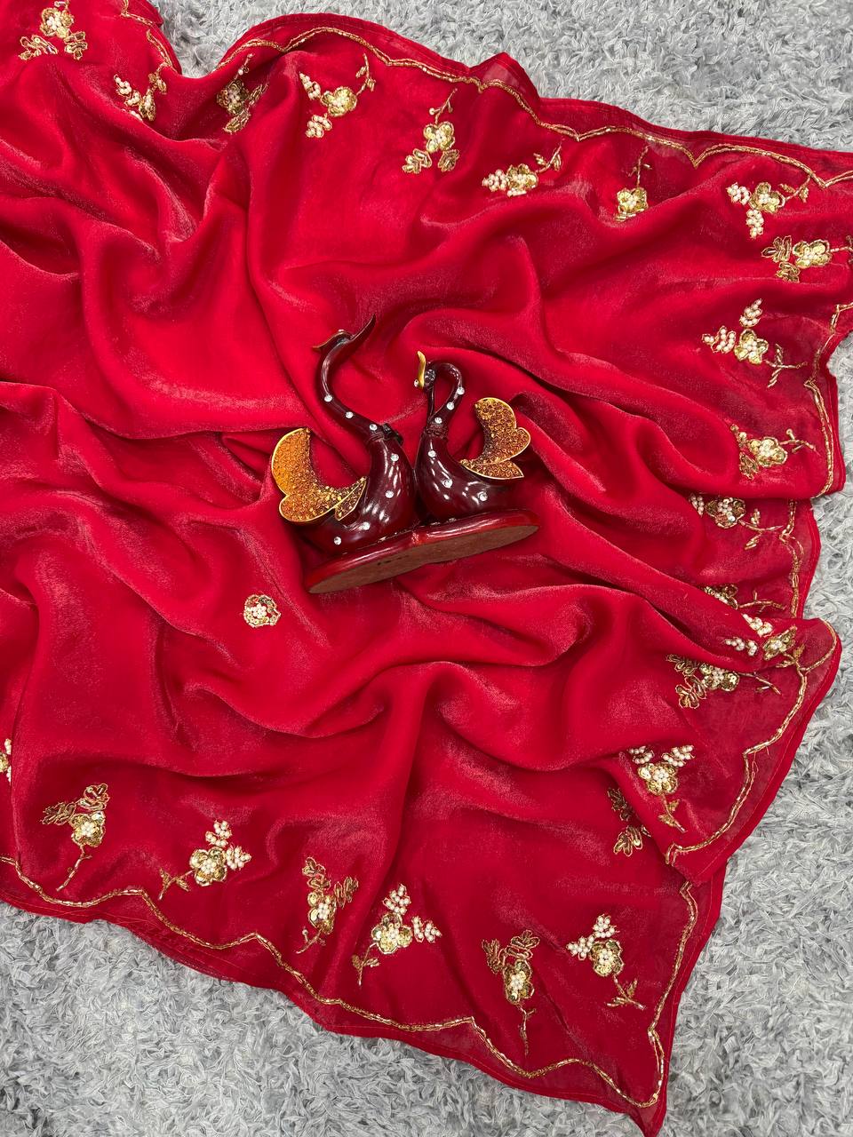 Women's Radiant Red Pure Organza Saree with Intricate Gold Zari, Sequin & Pearl Work - Ideal for Festive & Wedding Occasions Handcrafted Craft for Home Decor – Sigma HandiCraft