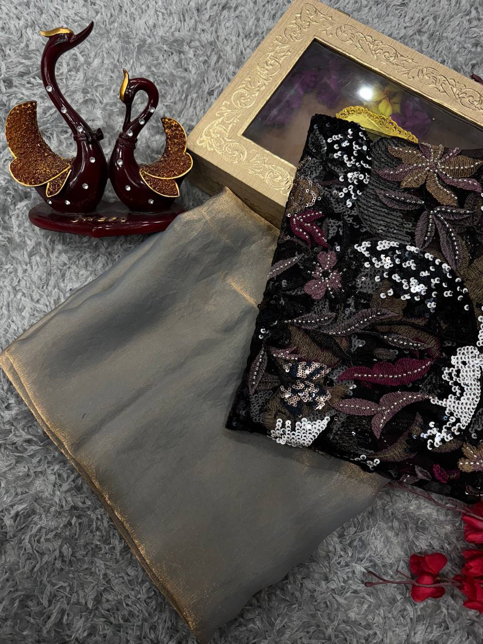 Women's Luxurious Shimmering Grey Organza Saree with Intricately Embroidered Blouse - Perfect for Festive & Evening Wear Handcrafted Decor Item for Home Decor – Sigma HandiCraft