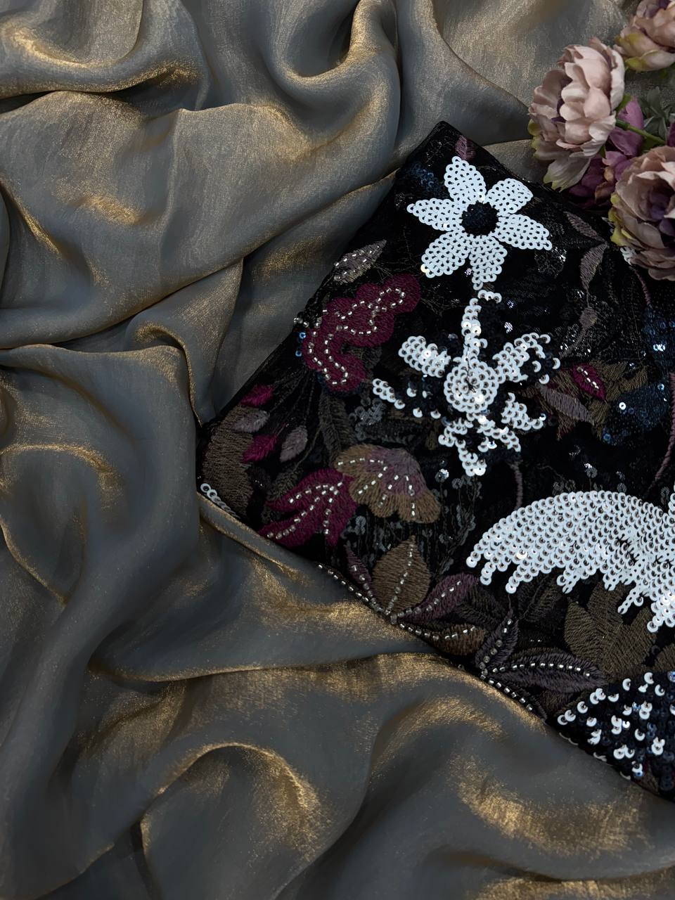 Women's Luxurious Shimmering Grey Organza Saree with Intricately Embroidered Blouse - Perfect for Festive & Evening Wear Handcrafted Decor Item for Home Decor – Sigma HandiCraft