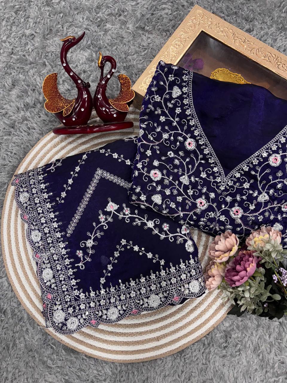 Royal Blue Embroidered Blouse Piece with Intricate Mirror, Sequin & Floral Threadwork – Ready-to-Stitch Fabric for Sarees & Festive Ethnic Wear Handcrafted Decor Item for Home Decor – Sigma HandiCraft