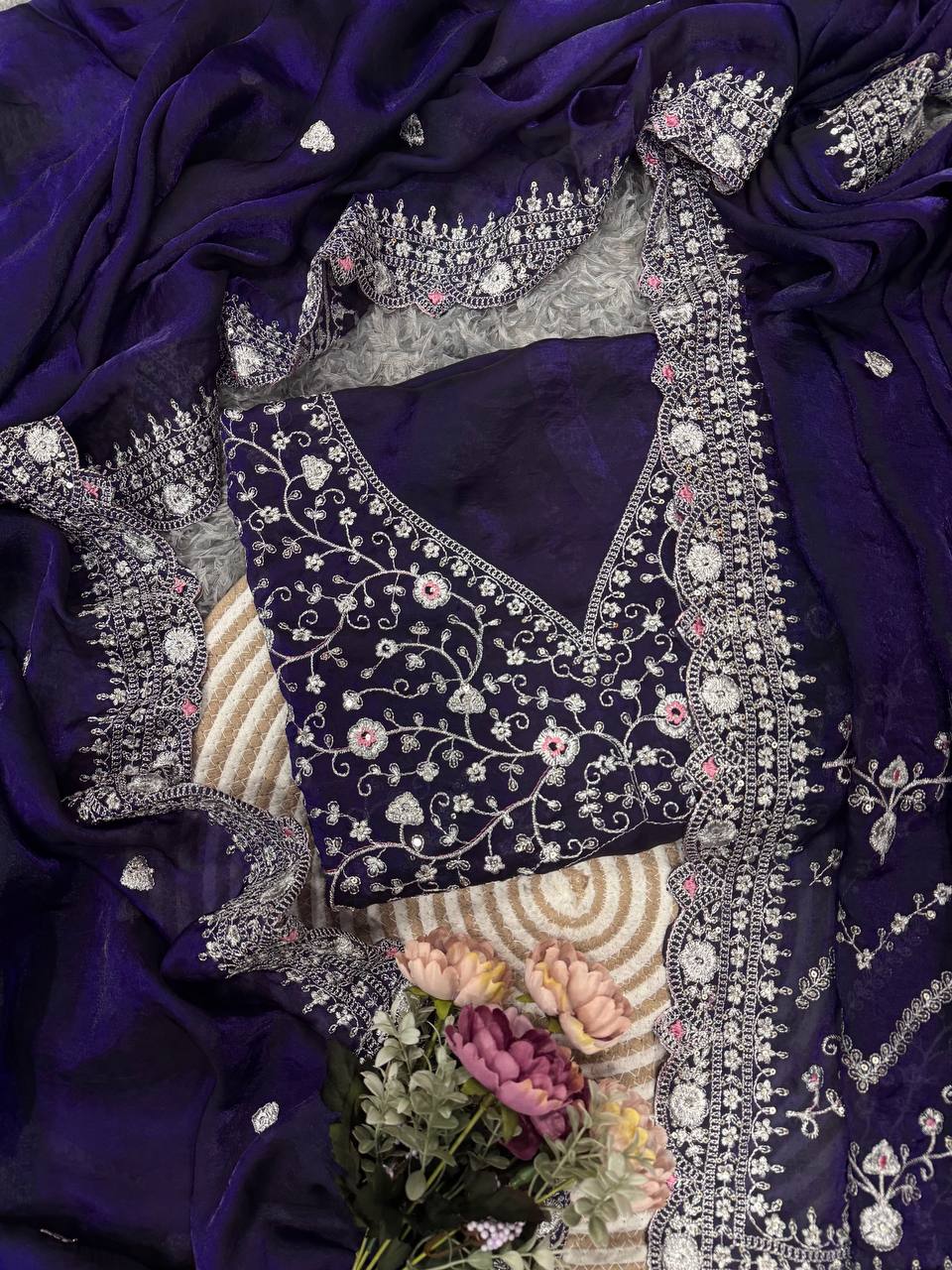 Royal Blue Embroidered Blouse Piece with Intricate Mirror, Sequin & Floral Threadwork – Ready-to-Stitch Fabric for Sarees & Festive Ethnic Wear Handcrafted Decor Item for Home Decor – Sigma HandiCraft