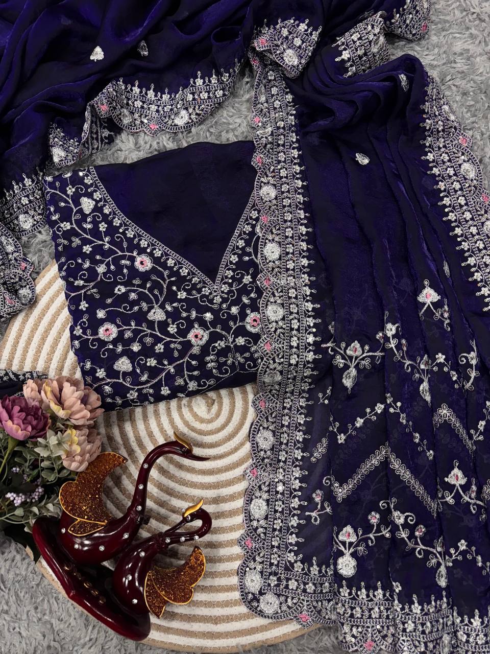 Royal Blue Embroidered Blouse Piece with Intricate Mirror, Sequin & Floral Threadwork – Ready-to-Stitch Fabric for Sarees & Festive Ethnic Wear Handcrafted Decor Item for Home Decor – Sigma HandiCraft