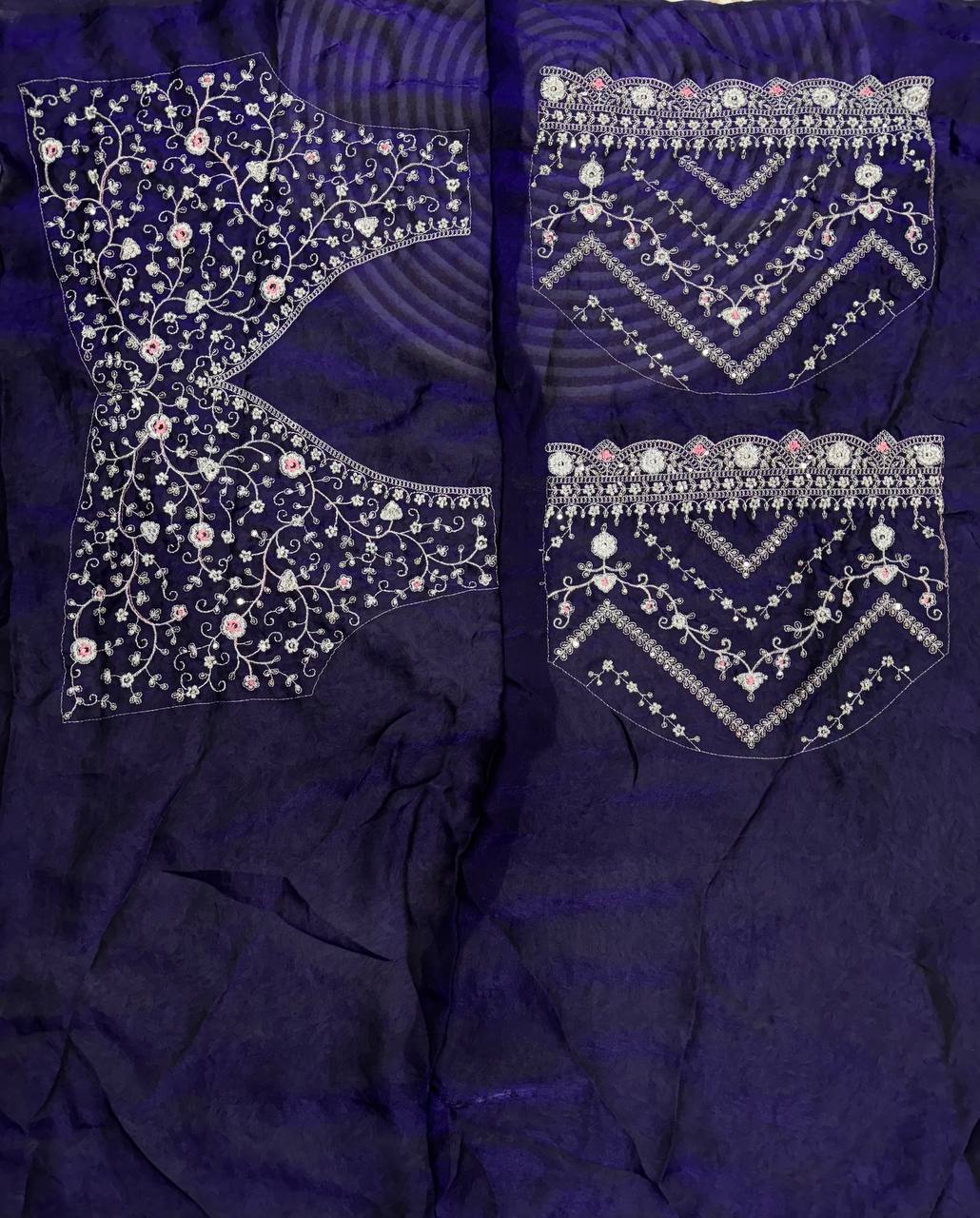 Royal Blue Embroidered Blouse Piece with Intricate Mirror, Sequin & Floral Threadwork – Ready-to-Stitch Fabric for Sarees & Festive Ethnic Wear Handcrafted Decor Item for Home Decor – Sigma HandiCraft