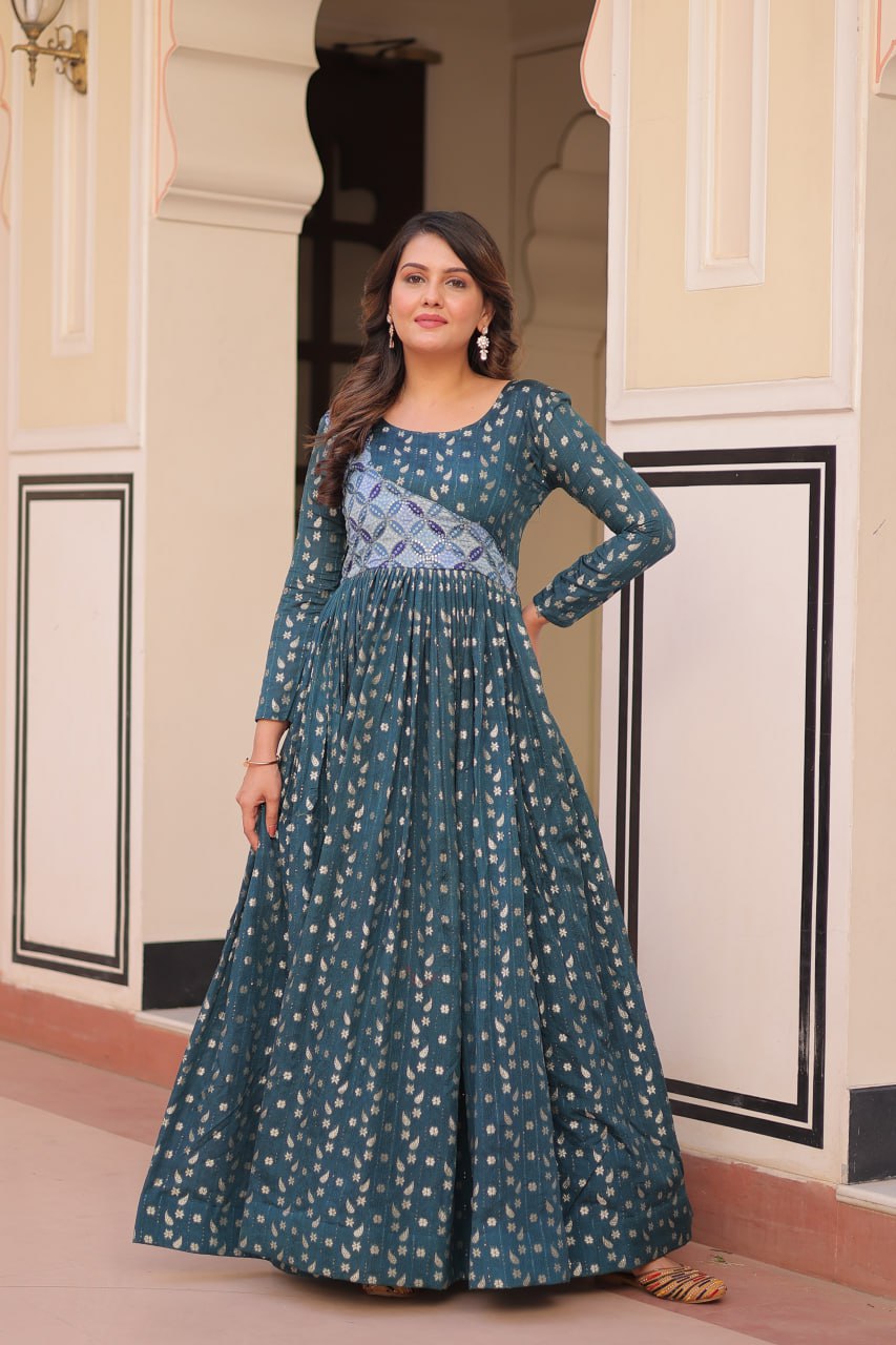 Women's Cotton Printed Anarkali Gown Dress with Embroidered Yoke Design Handcrafted Craft for Home Decor – Sigma HandiCraft