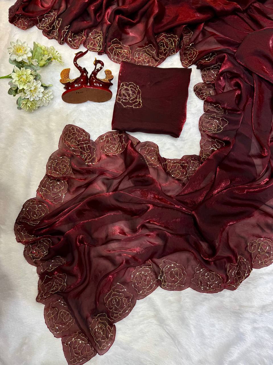 Women's Luxurious Maroon Shimmer Saree with Intricate Gold Zari/Threadwork & Scalloped Border – Complete with Blouse Piece for Festive & Wedding Wear Handcrafted Decor Item for Home Decor – Sigma HandiCraft