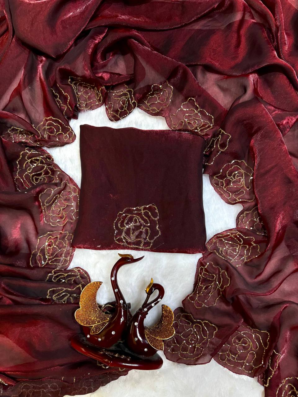 Women's Luxurious Maroon Shimmer Saree with Intricate Gold Zari/Threadwork & Scalloped Border – Complete with Blouse Piece for Festive & Wedding Wear Handcrafted Decor Item for Home Decor – Sigma HandiCraft