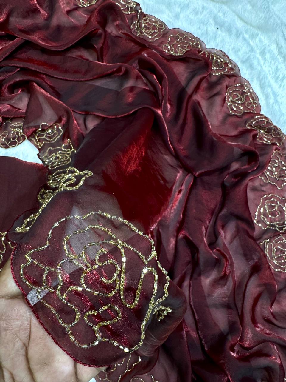 Women's Luxurious Maroon Shimmer Saree with Intricate Gold Zari/Threadwork & Scalloped Border – Complete with Blouse Piece for Festive & Wedding Wear Handcrafted Decor Item for Home Decor – Sigma HandiCraft