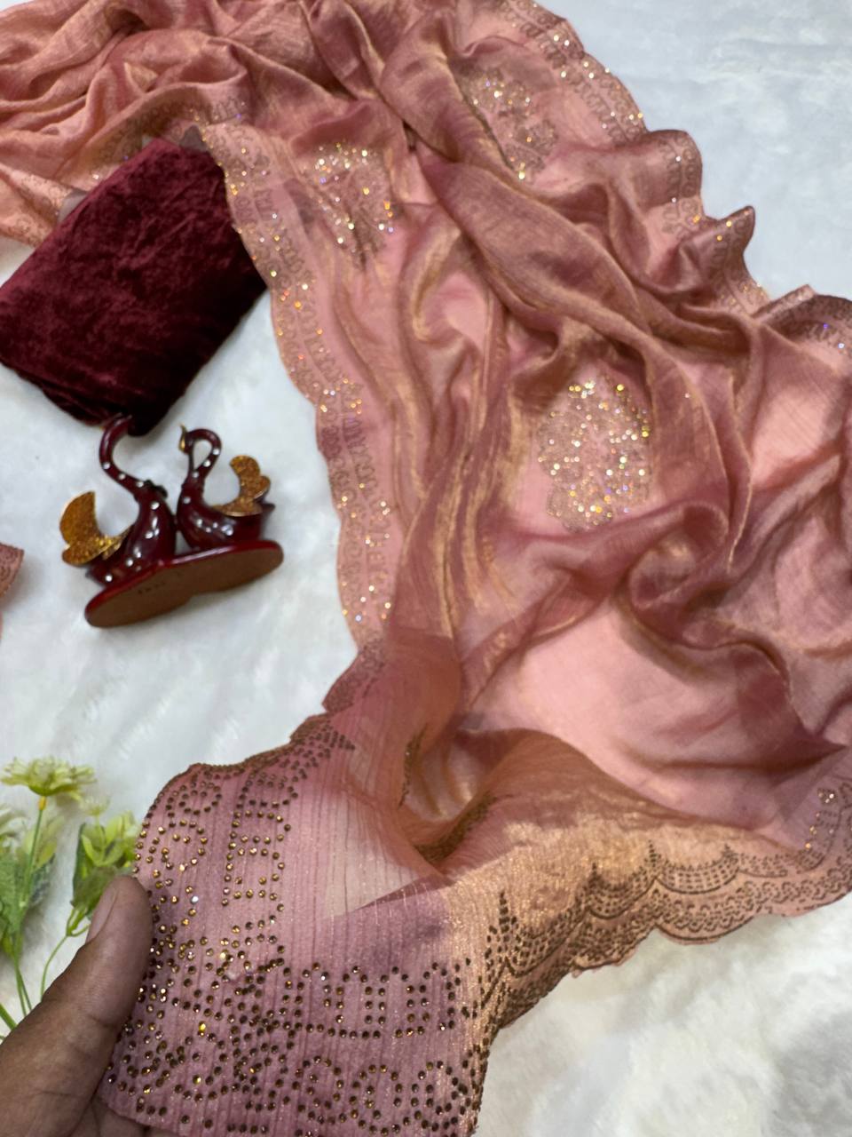Women's Glamorous Rose Gold Shimmer Saree with All-Over Diamond & Sequin Embellishments – Paired with Luxurious Maroon Velvet Blouse for Festive & Wedding Wear Handcrafted Craft for Home Decor – Sigma HandiCraft