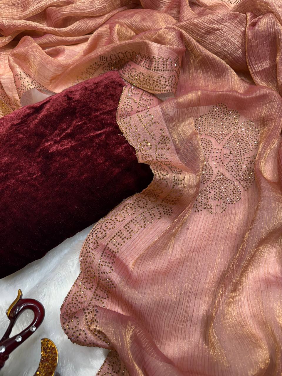 Women's Glamorous Rose Gold Shimmer Saree with All-Over Diamond & Sequin Embellishments – Paired with Luxurious Maroon Velvet Blouse for Festive & Wedding Wear Handcrafted Craft for Home Decor – Sigma HandiCraft