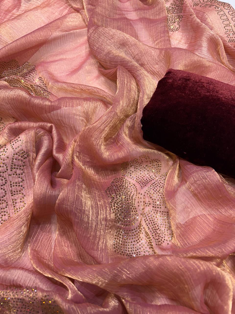 Women's Glamorous Rose Gold Shimmer Saree with All-Over Diamond & Sequin Embellishments – Paired with Luxurious Maroon Velvet Blouse for Festive & Wedding Wear Handcrafted Craft for Home Decor – Sigma HandiCraft