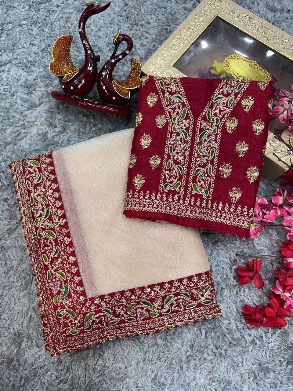 Women's Elegant Cream Georgette/Chiffon Saree with Maroon Zari & Thread Work Border – Paired with Heavy Embroidered Blouse for Wedding & Festive Wear Handcrafted Decor Item for Home Decor – Sigma HandiCraft