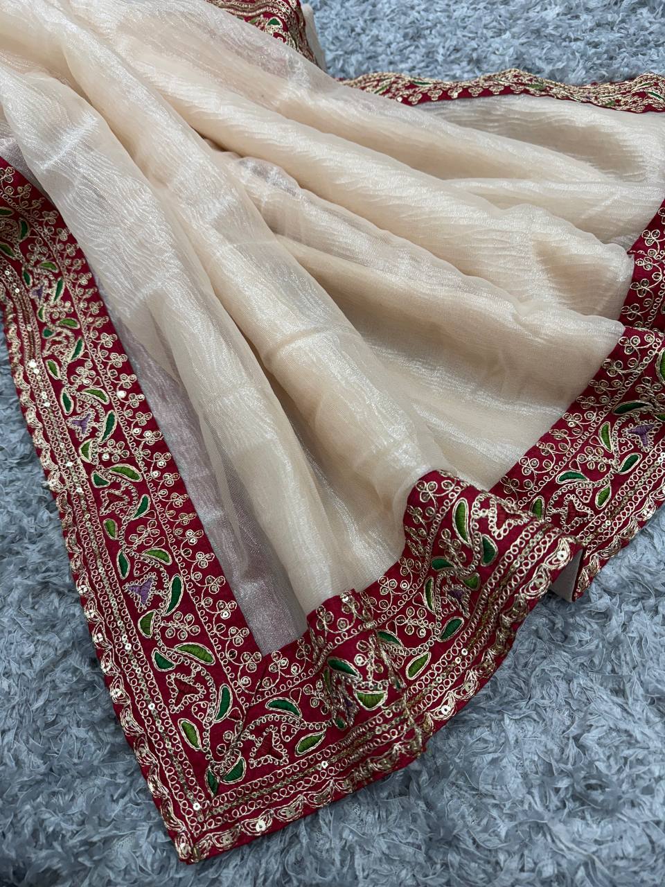 Women's Elegant Cream Georgette/Chiffon Saree with Maroon Zari & Thread Work Border – Paired with Heavy Embroidered Blouse for Wedding & Festive Wear Handcrafted Decor Item for Home Decor – Sigma HandiCraft
