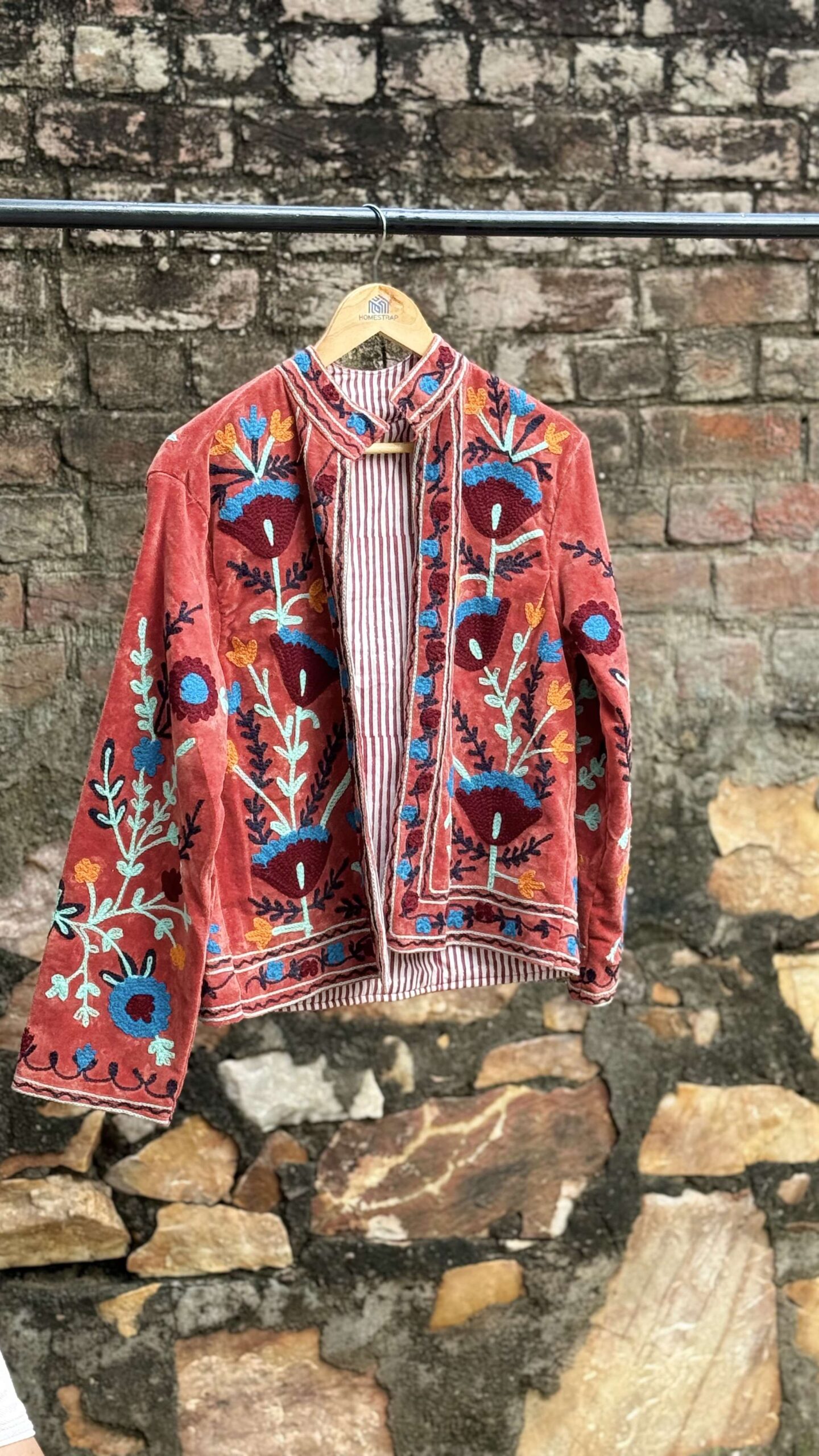 Womens Terracotta Velvet Embroidered Jacket with Floral Design Handcrafted Art for Home Decor – Sigma HandiCraft