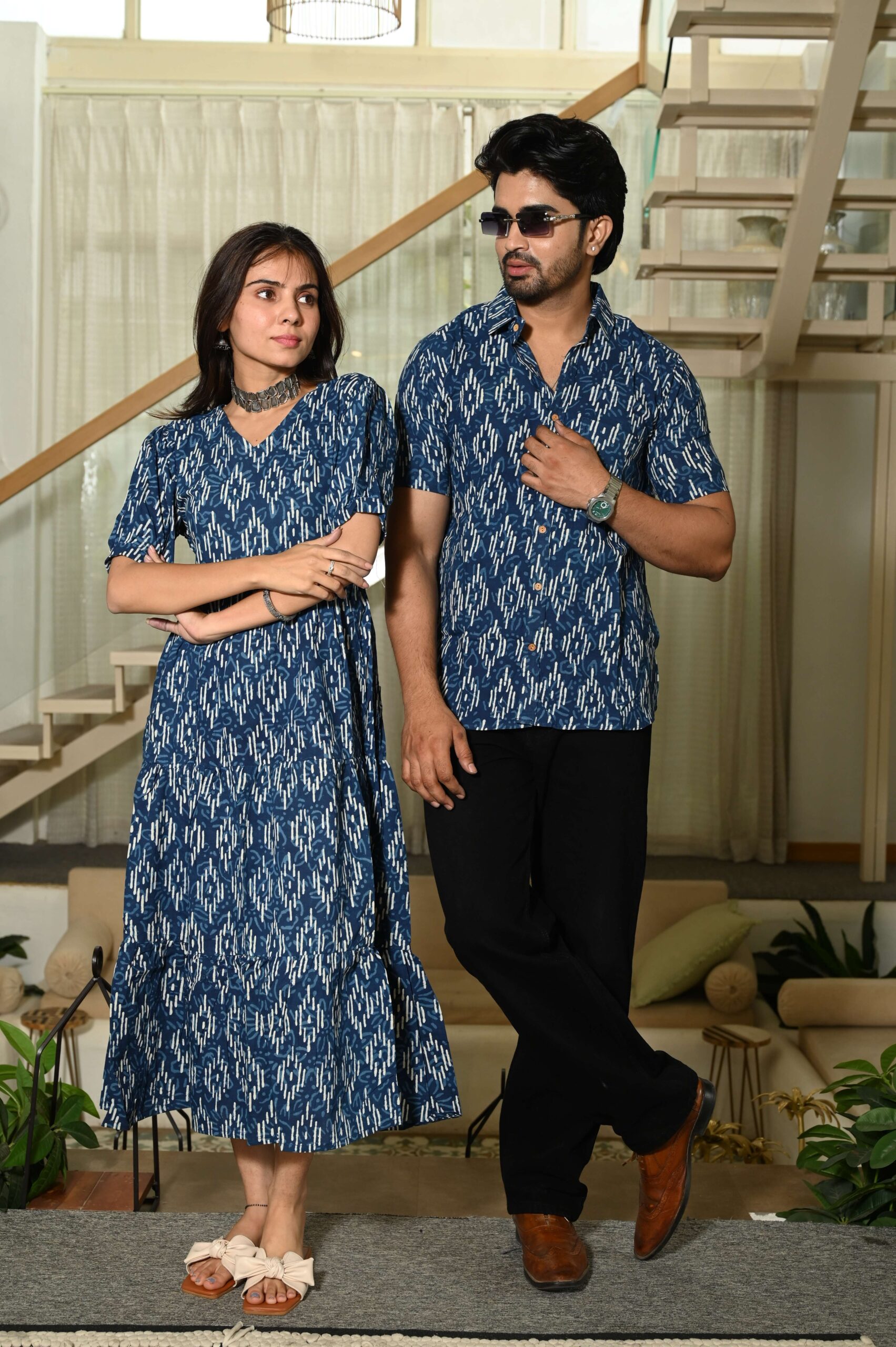 Couple Matching Blue Ikat Print Cotton Anarkali Midi Dress and Shirt Set Handcrafted Craft for Home Decor – Sigma HandiCraft