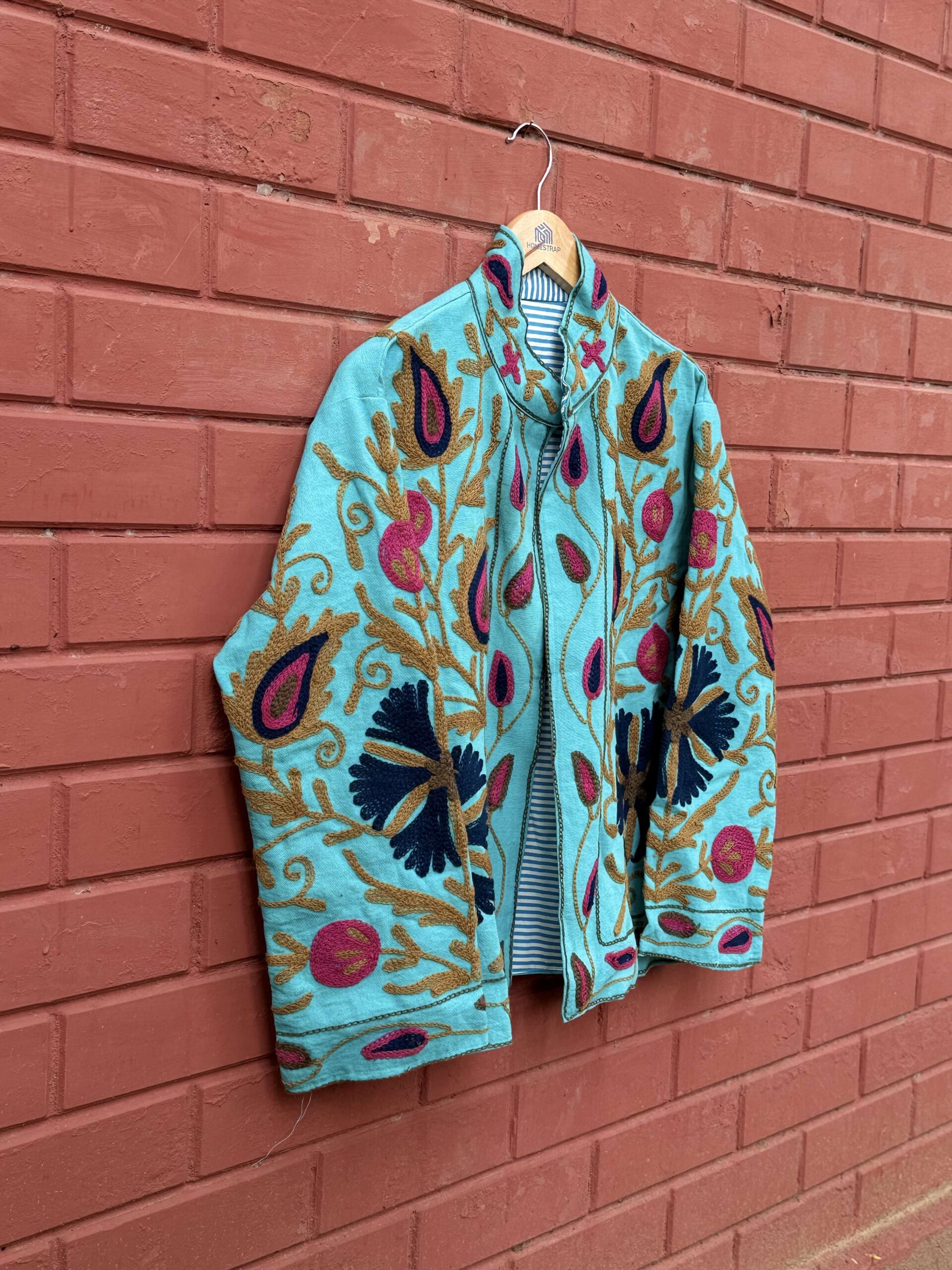 Womens Teal Blue Velvet Embroidered Jacket with Floral Design Handcrafted Art for Home Decor – Sigma HandiCraft