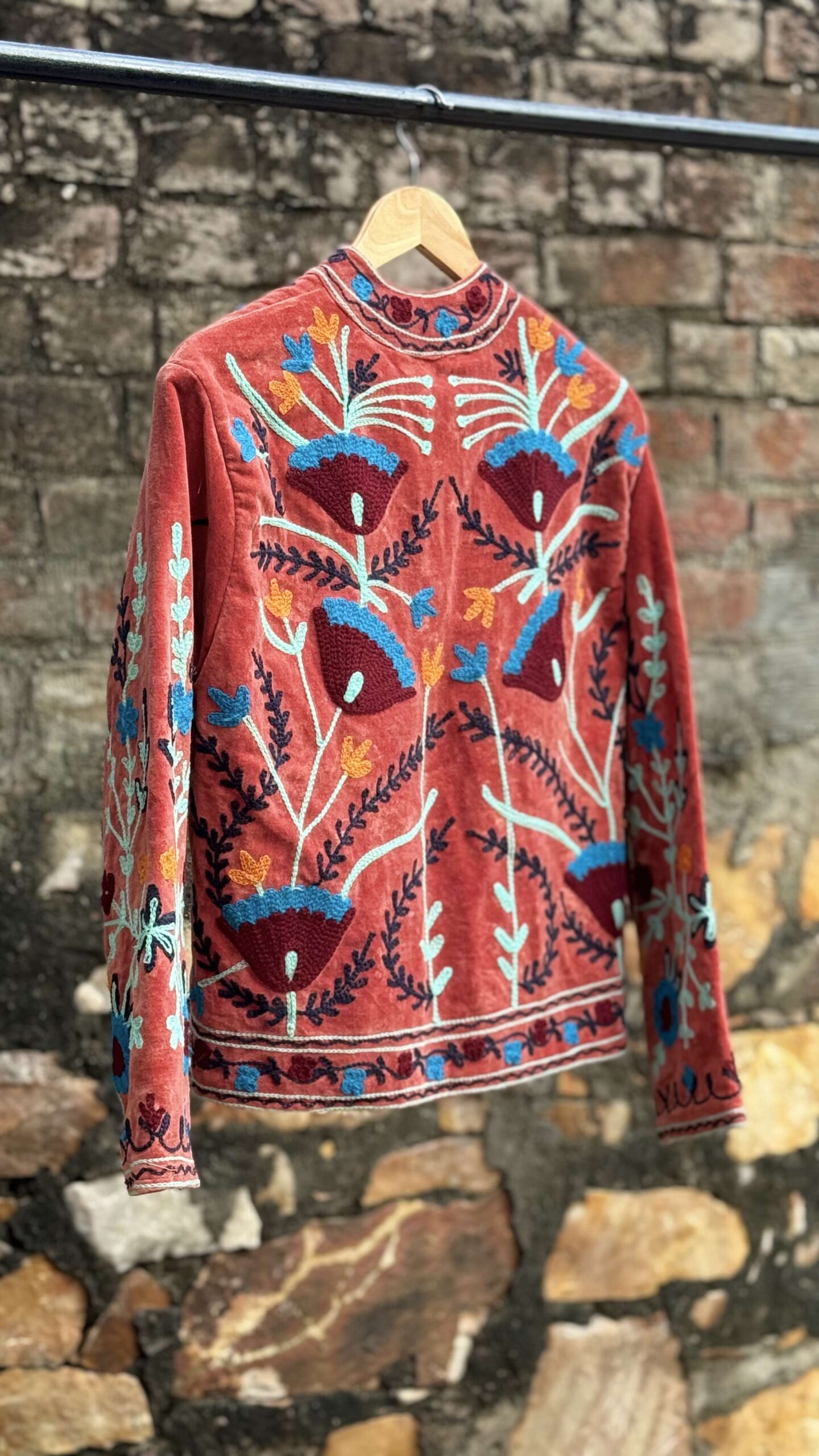 Womens Terracotta Velvet Embroidered Jacket with Floral Design Handcrafted Art for Home Decor – Sigma HandiCraft