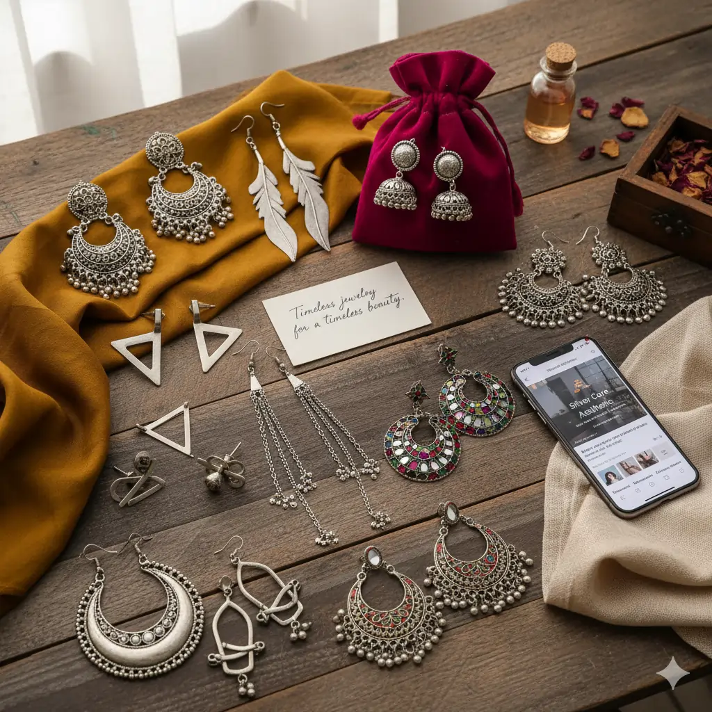 Collection of trending Oxidized Silver Earrings for gift featuring Jhumkas, Chandbalis, and Boho danglers on a wooden background with luxury packaging.