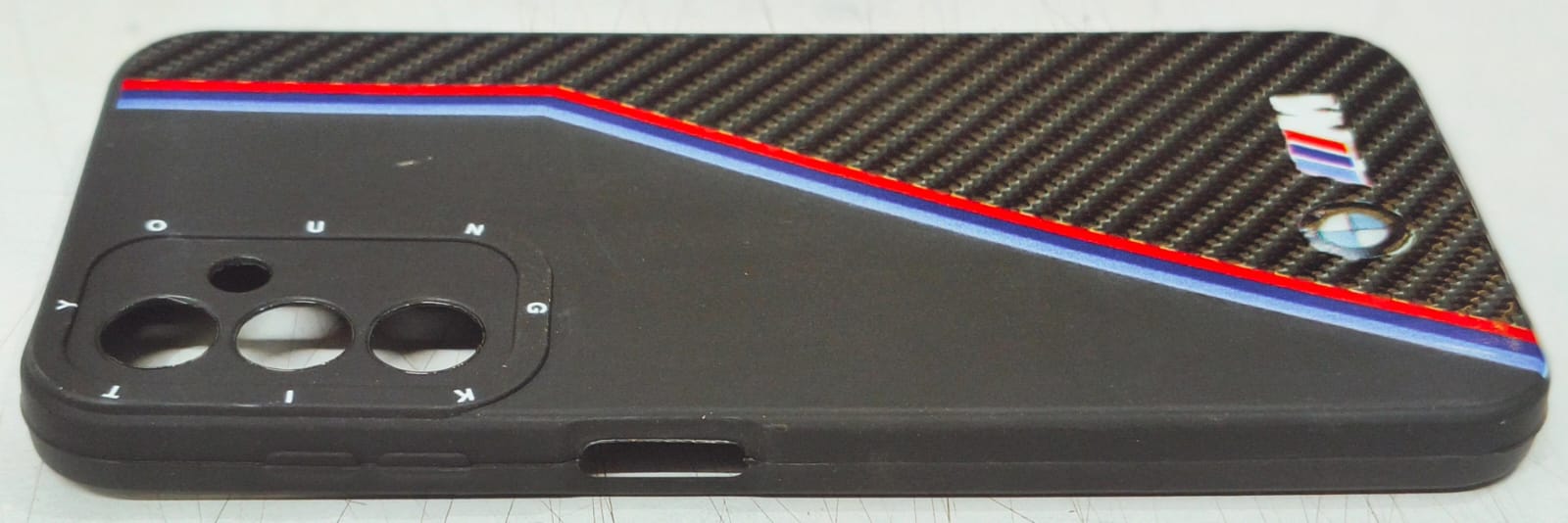 Carbon Fiber Racing Stripe Back Cover for Samsung A14 5G carbon fiber back cover for samsung a14 5g slim side profile view