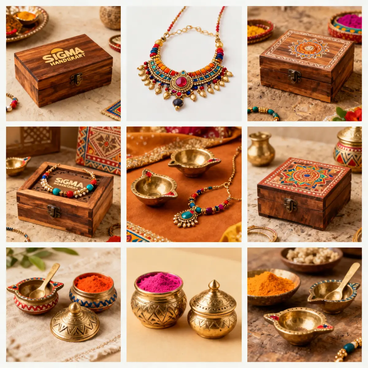 Haldi Kumkum return gift ideas including wooden boxes, brass kumkum holders, diyas and traditional jewelry by Sigma Handicraft