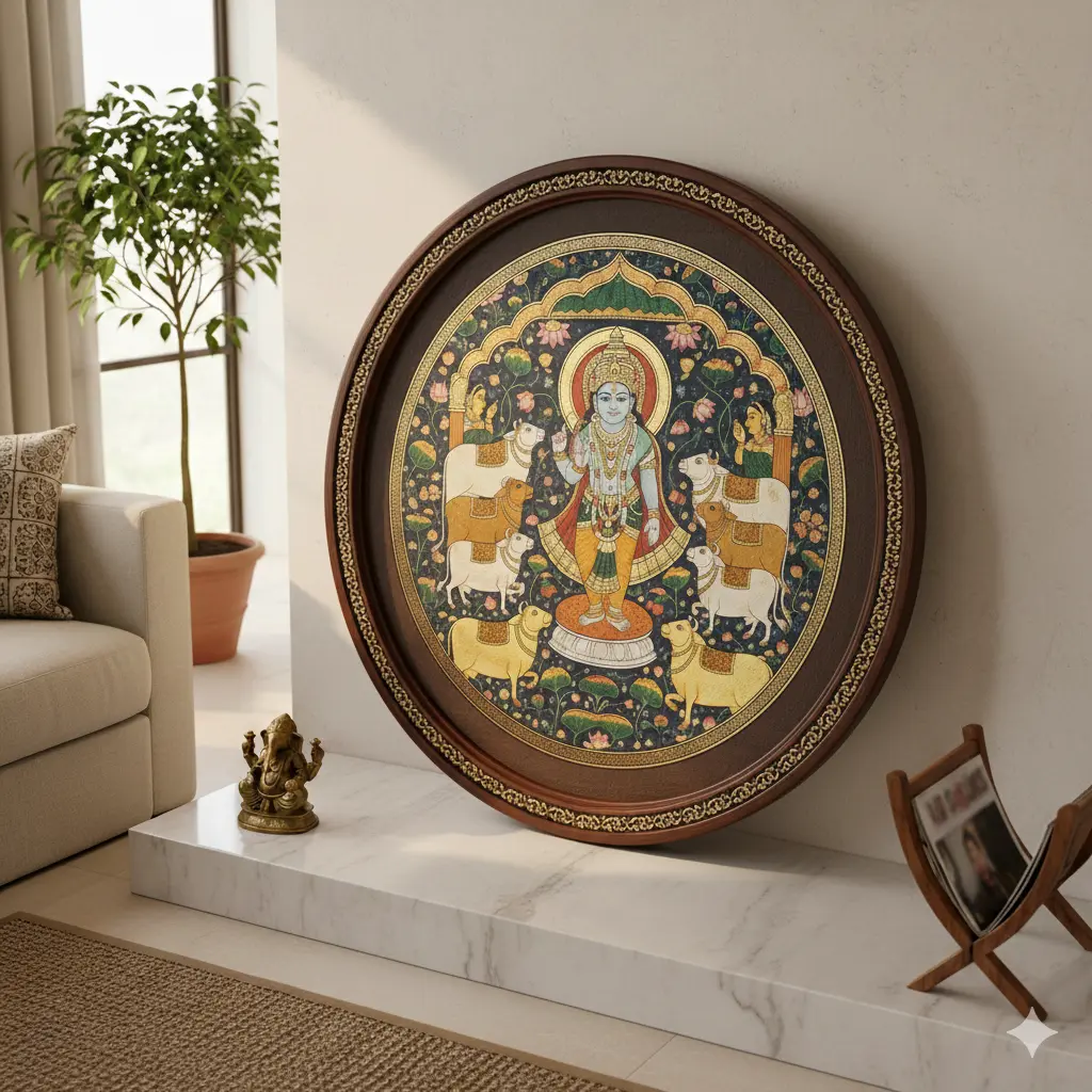 Pichwai Painting: A Complete Guide to Traditional Indian Wall Art (2026) Traditional Round Pichwai Painting of Lord Krishna with Holy Cows for Home Decor