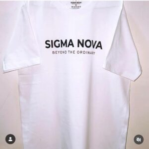 Sigma Nova Premium White T-shirt with high-contrast black text branding on 180 GSM bio-washed pure cotton fabric, professional stitching with a clean minimalist streetwear look.